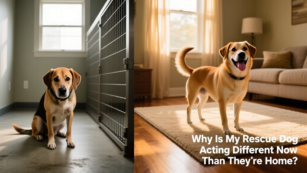 Side-by-side comparison: a tense, low-posture dog in a shelter kennel versus the same dog relaxed and tail-wagging at home