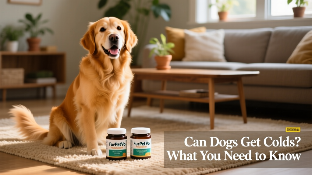 Two FurPetVo supplement jars displayed beside a happy, healthy dog sitting on a rug