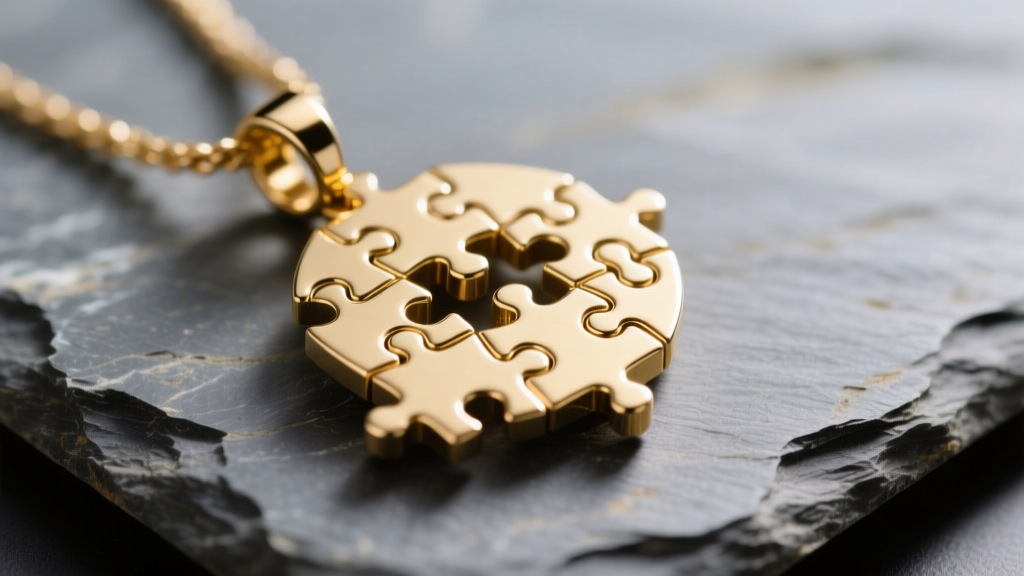 Macro shot of a millennium puzzle pendant on slate, highlighting intricate gold-plated interlocking geometric metal parts.