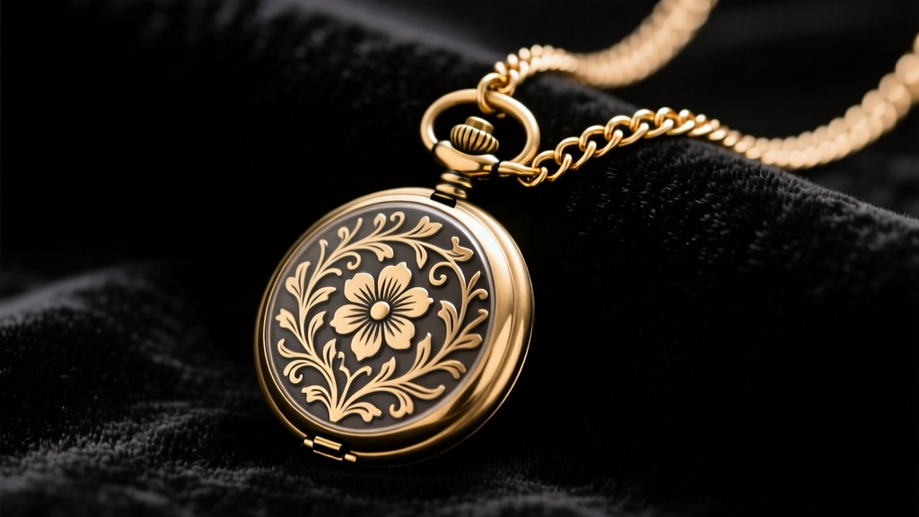 Close-up of a vintage brass pocket watch necklace on dark velvet, highlighting the engraved floral case and thick 3mm curb chain.