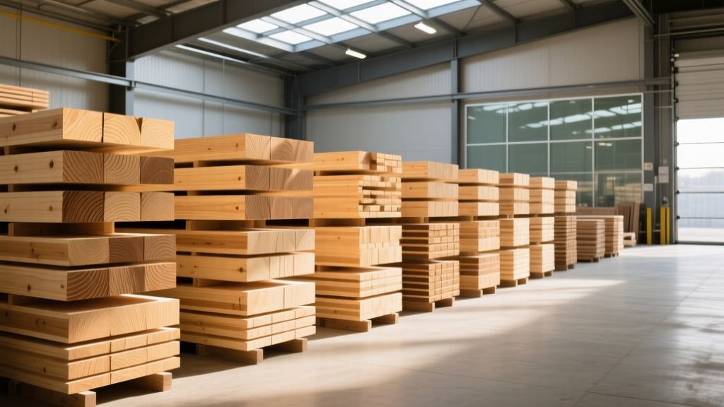 Stacked dimensional spruce lumber and engineered glulam beams organized by grade in a bright commercial building supply yard
