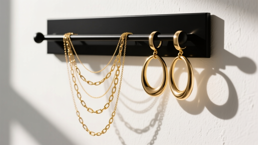 Black wall hanging jewelry holder on white plaster displaying layered gold necklaces and hoop earrings in soft morning light.
