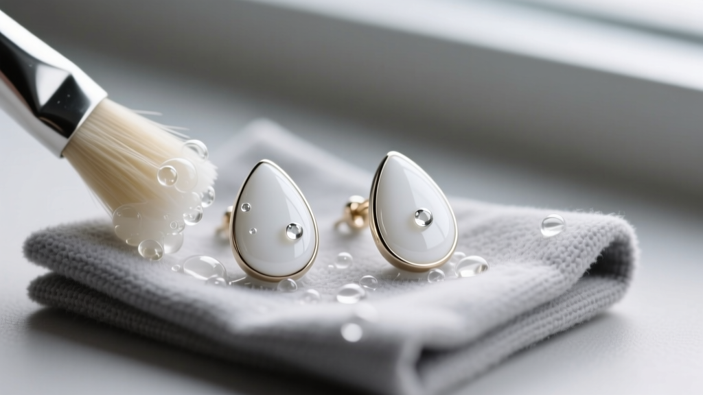 Soft brush and soapy distilled water gently cleaning white enamel drop earrings resting on a gray microfiber polishing cloth