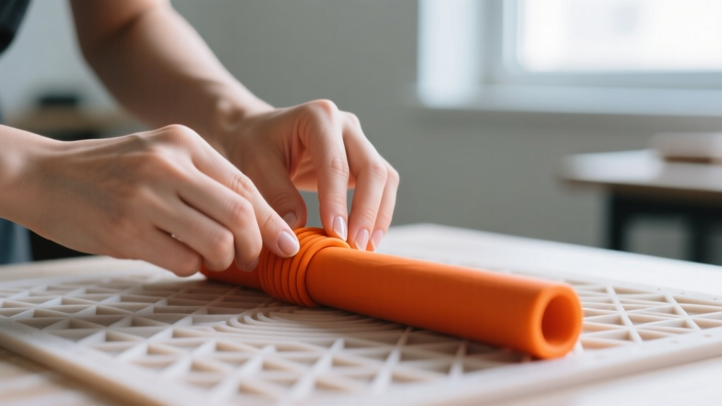 Close-up of hands rolling orange polymer clay into uniform cylindrical shapes on a textured silicone crafting mat in daylight.