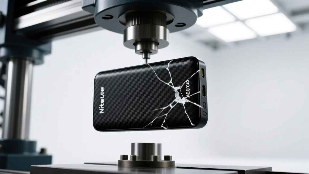 Nitecore NB10000 Gen 3 carbon fiber power bank under a hydraulic press showing micro-fracture resistance at 150kg force