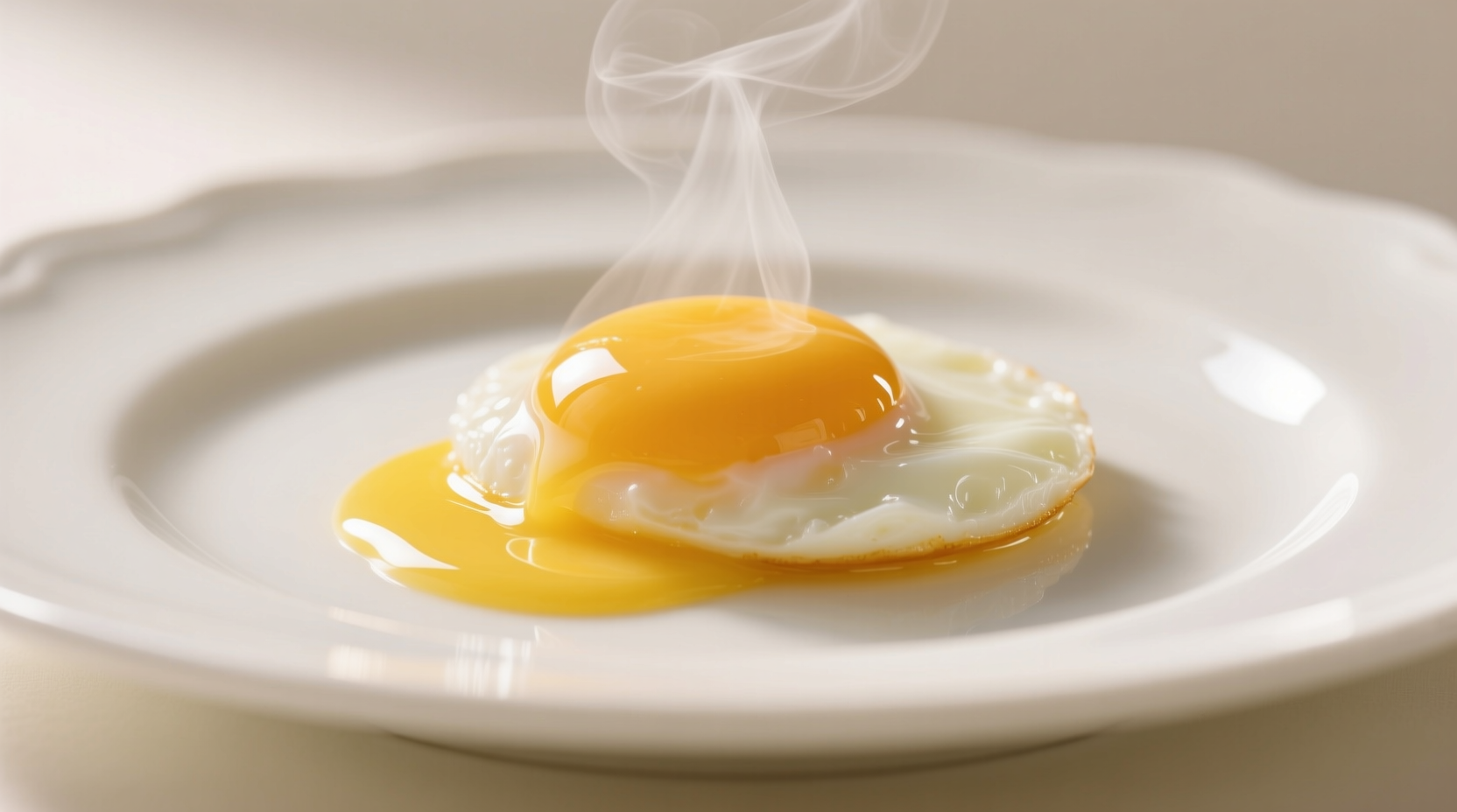 Perfect over medium egg with runny yolk on white plate