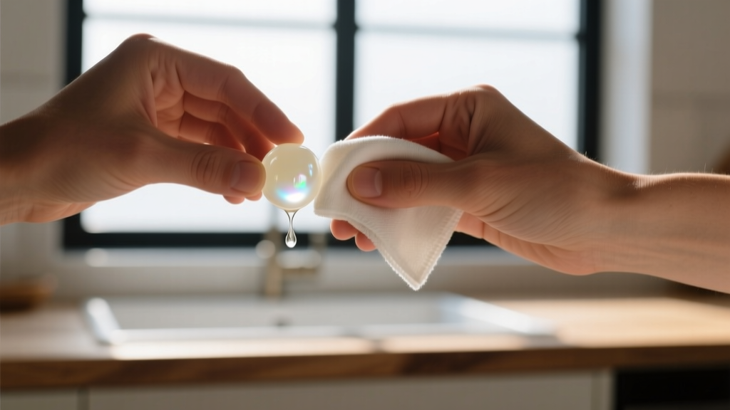 Hands wiping an ivory bead with a damp microfiber cloth, using mild castile soap under soft, diffused natural window lighting.