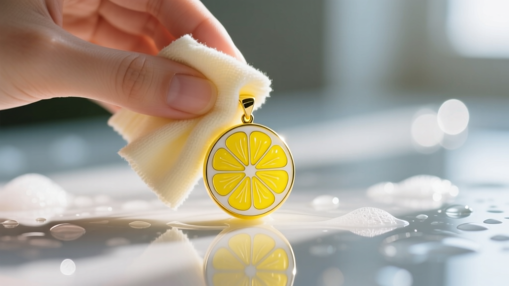 Hands wiping a bright yellow lemon-shaped candy enamel pendant with a microfiber cloth, with soapy water in the blurred background