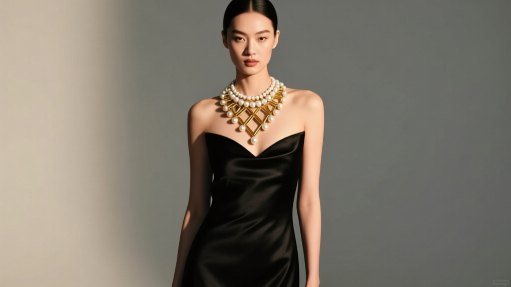 Model in black gown wearing a matte gold and white pearl gutta pusalu choker necklace under soft, warm studio lighting.