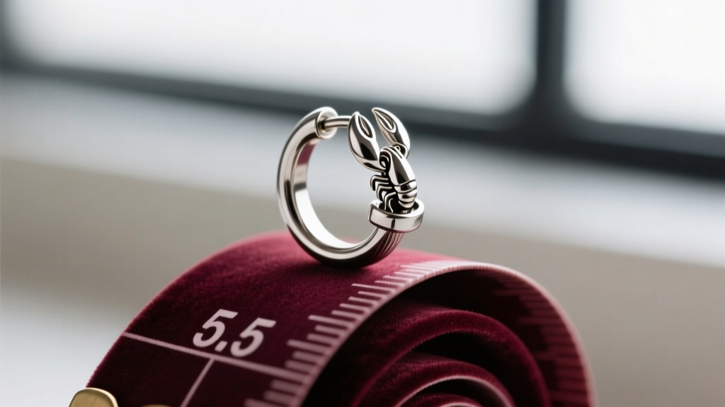 Macro shot of an 18-gauge titanium ear cuff connector with a lobster clasp on a velvet measuring tape showing a 5.5-inch length.
