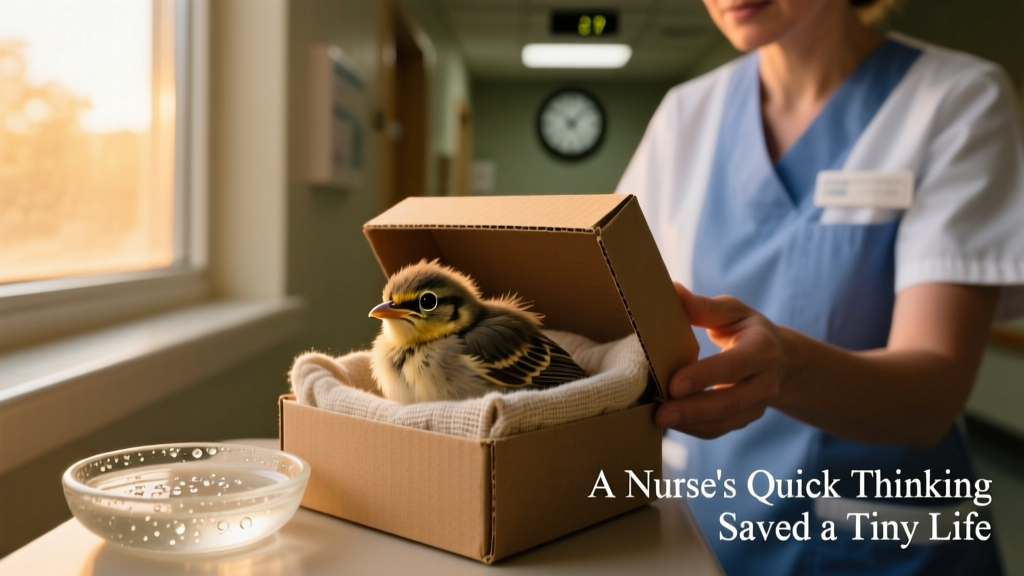 Close-up of the baby bird resting safely in a small, lined box with soft fabric and a shallow water dish
