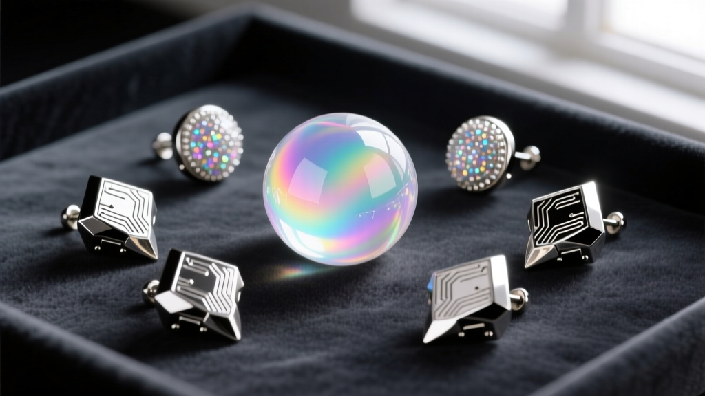 Flat lay of spherical earrings including UV resin magical girl orbs and metallic mecha studs resting on a dark velvet background.