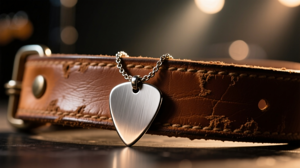 Close-up of a brushed titanium guitar pick necklace resting on a worn leather guitar strap, warm stage lighting highlighting metal.