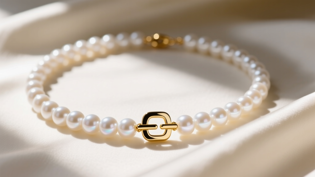 Close-up of a beaded white necklace on cream silk, featuring 8mm round freshwater pearls and a polished 14k gold toggle clasp.