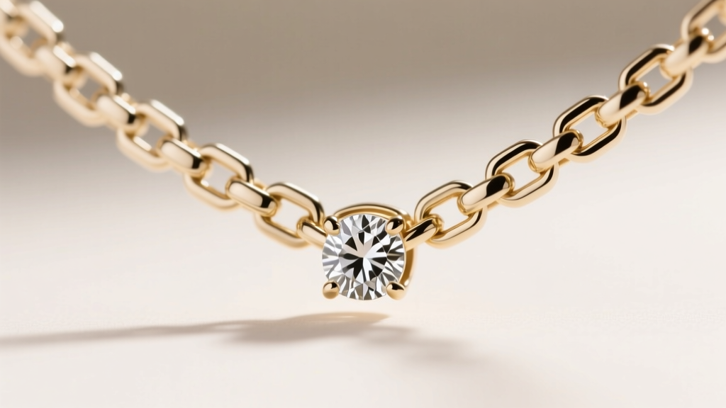Extreme close-up of a 1.2mm 14k white gold box chain passing through a diamond pendant bail, showing interlocking square links.