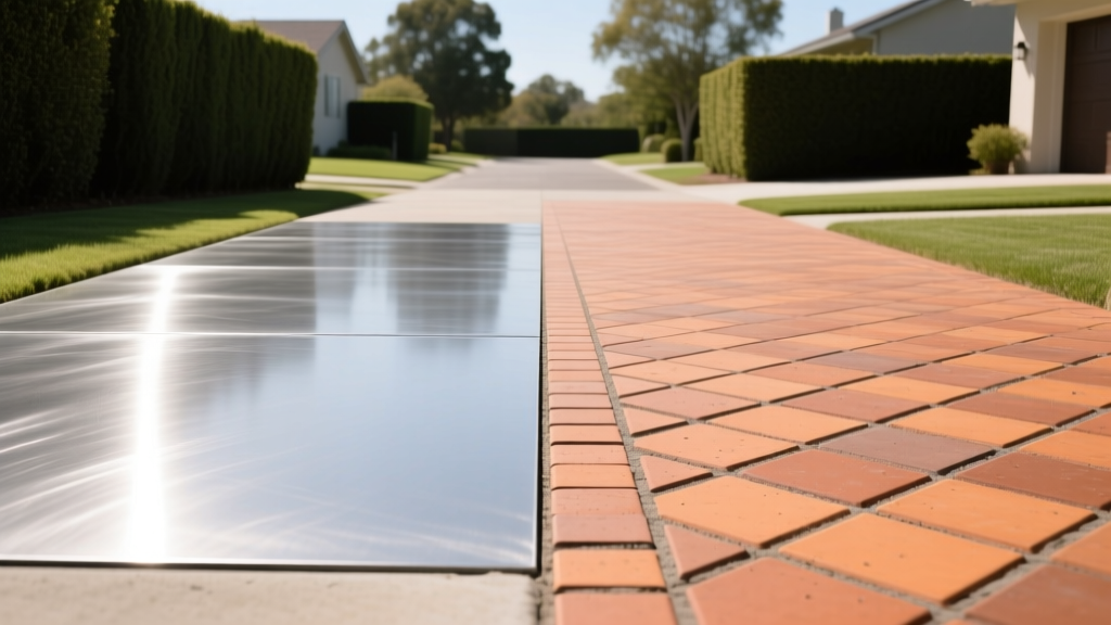 Split driveway showing smooth steel-troweled concrete on the left and interlocking clay pavers on the right under bright sunlight