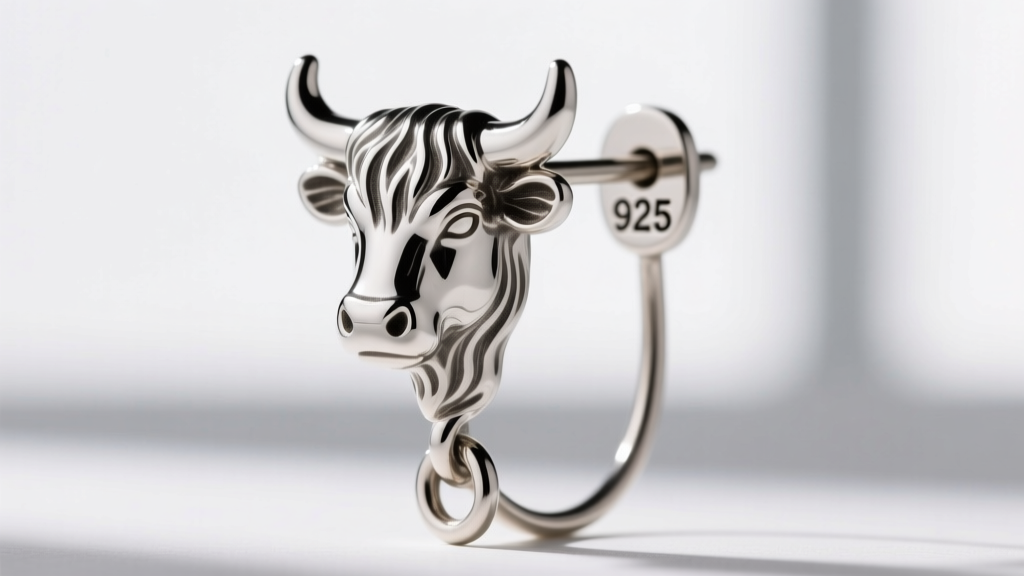 Macro view of a sterling silver highland cow earring post, showing the 925 stamp and thick 18-gauge wire for heavy drop support.