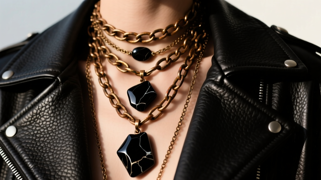 Layered wicked necklaces featuring darkened brass chains and raw obsidian pendants against a textured black leather jacket collar.