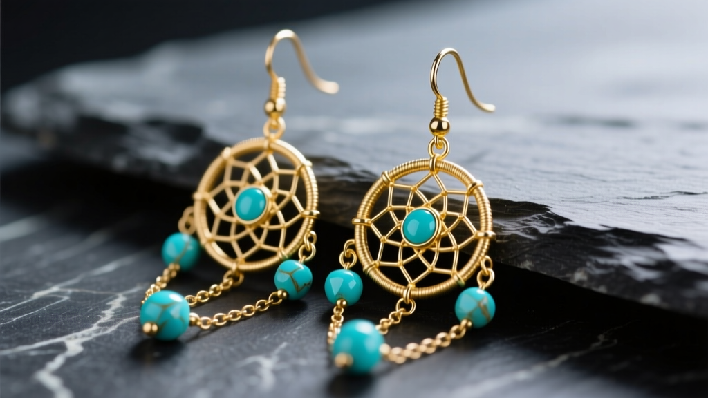 Macro shot of 14k gold-filled dream catcher earrings with turquoise beads on dark slate under soft studio lighting