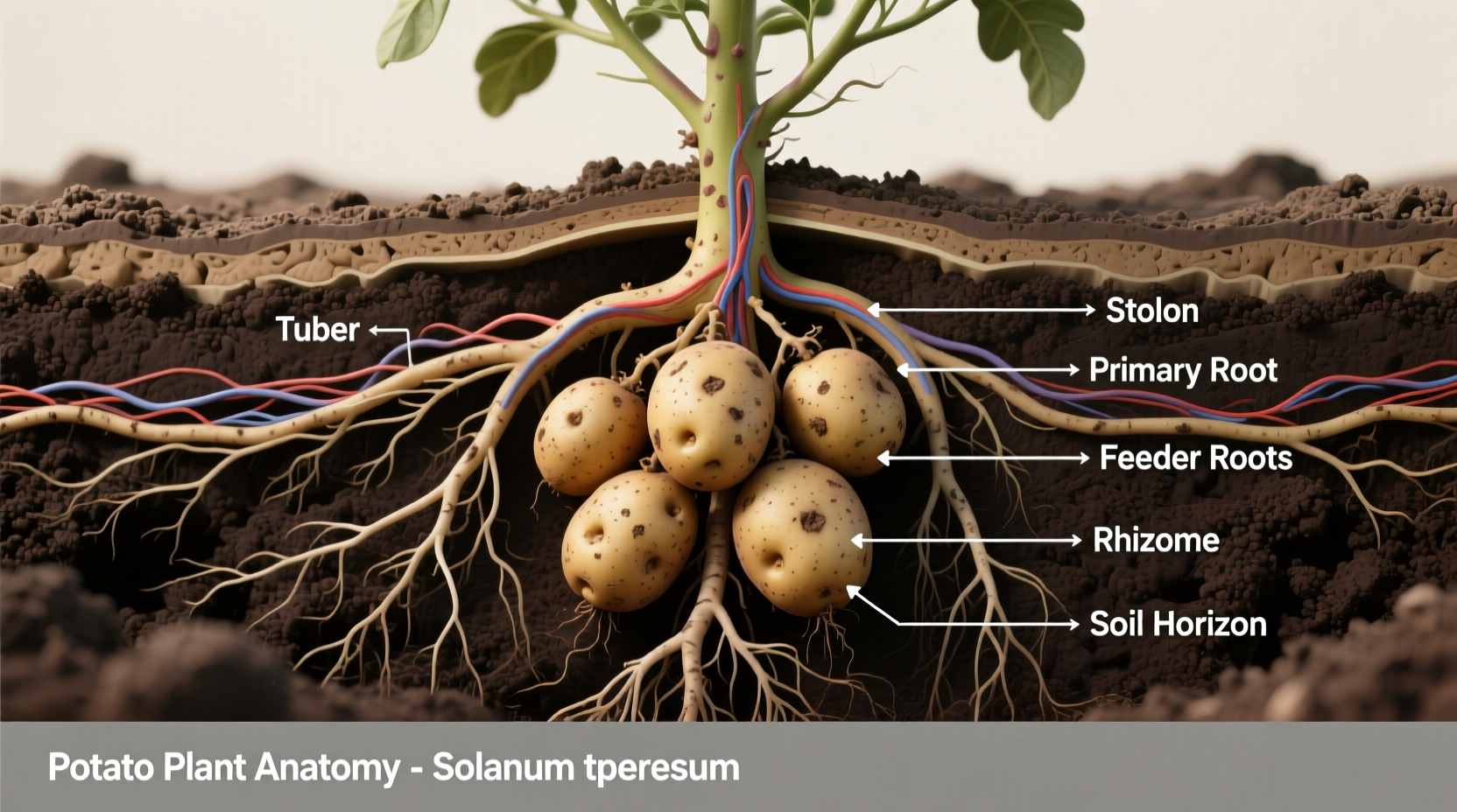 Potato plant anatomy showing tubers and root system