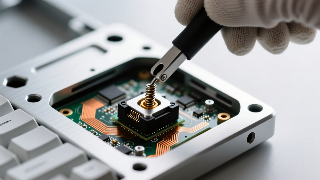 Hands using a switch puller to remove a Gateron mechanical switch from a hot-swappable PCB on a gasket-mounted aluminum keyboard chassis