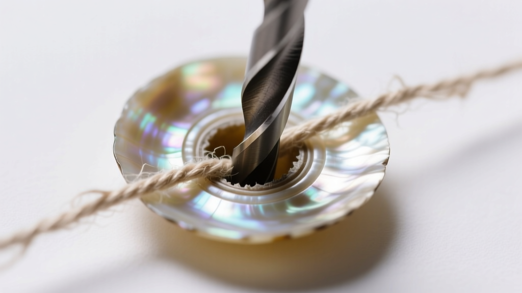 Extreme close-up of a vintage pearl drill hole showing concentric nacre layers and a slightly frayed silk thread inside the bore
