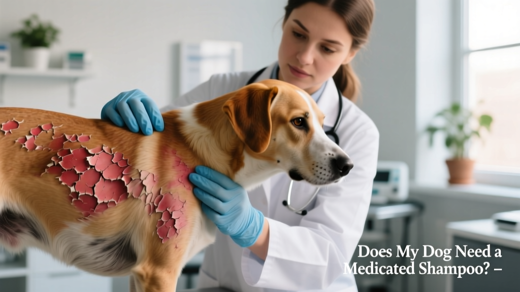 Close-up of a dog’s irritated skin showing redness and scaling, with a vet gently examining the area
