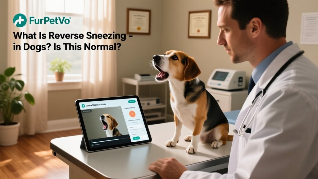 Veterinarian reviewing a video clip of a dog's reverse sneeze on a tablet, next to a FurPetVo-branded digital health record interface