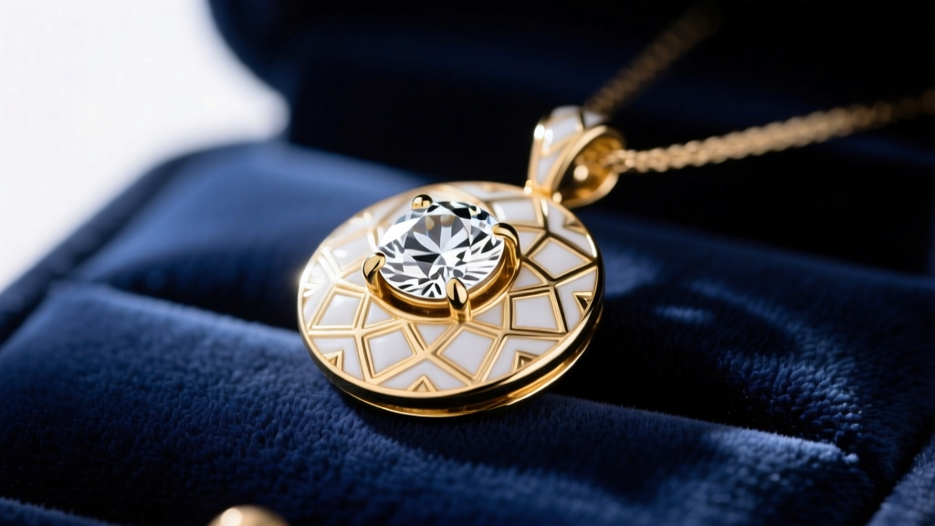 Elegant 18k white gold heirloom pendant with bezel-set white sapphire and white guilloché enamel resting on dark navy velvet.