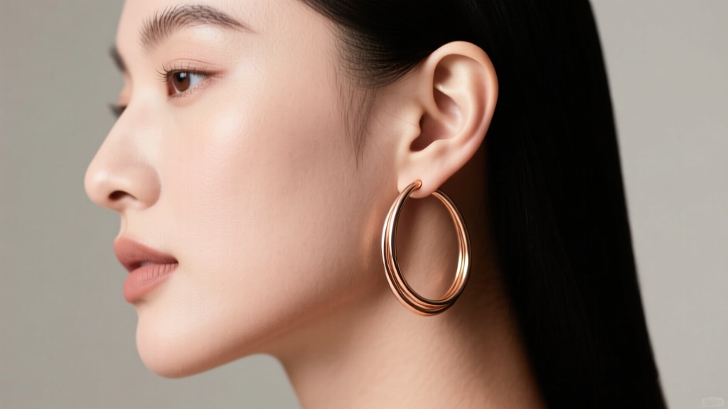 Side profile showing seamless double earring hoops in 14k rose gold, highlighting the smooth continuous wire design on the ear
