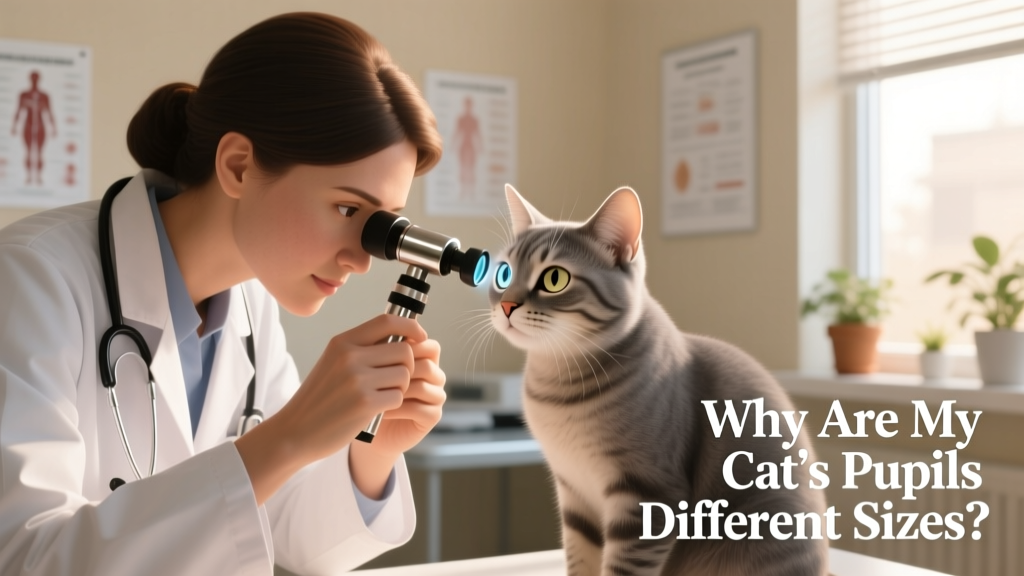 Veterinarian using an ophthalmoscope to examine a cat's eye during a clinical exam