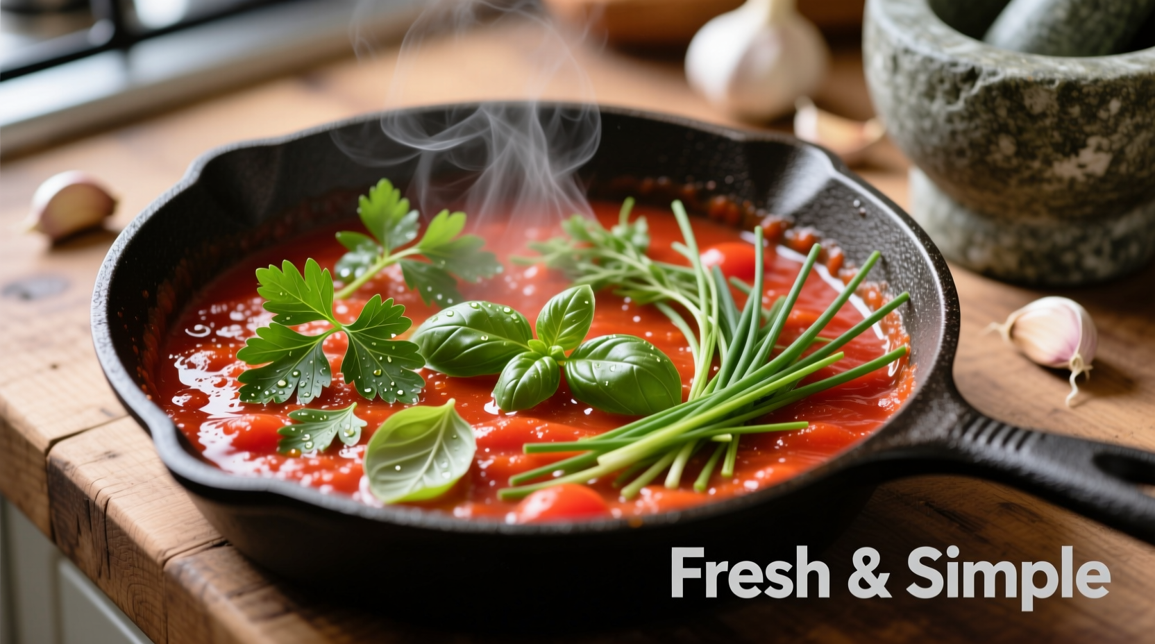 Fresh herbs garnishing tomato sauce in pan