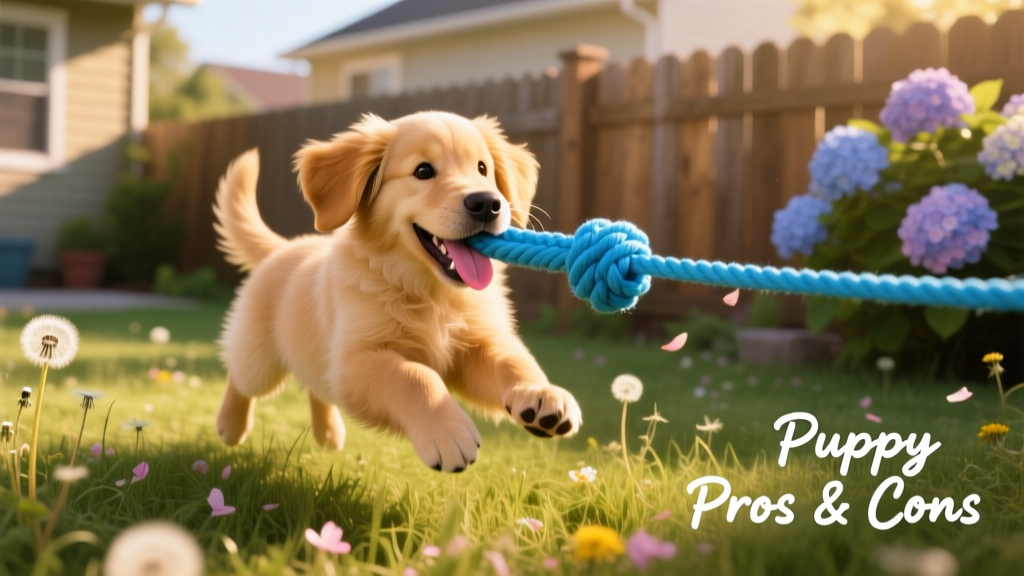 A joyful golden retriever puppy playing with a blue rope toy in a sunlit backyard