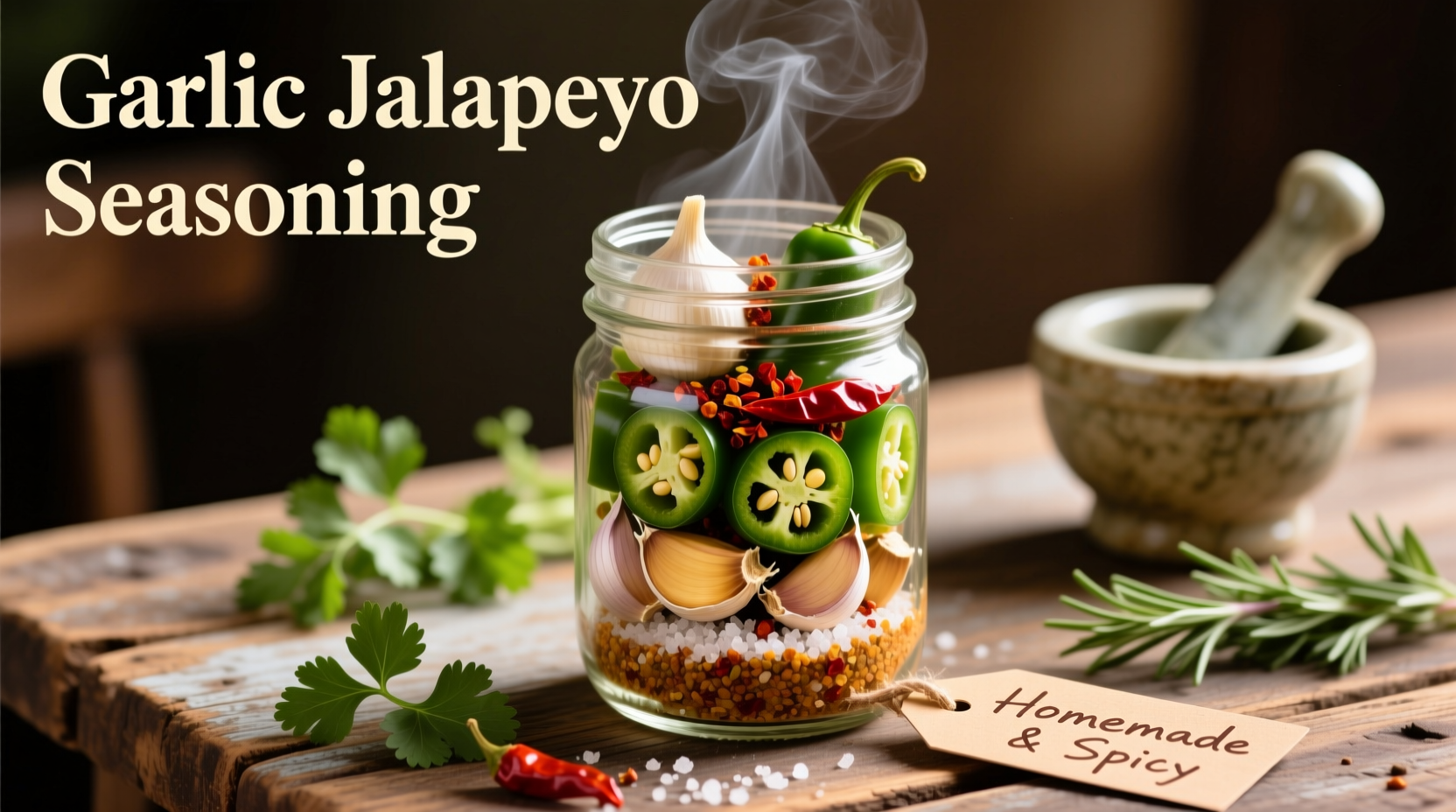 Garlic jalapeno seasoning in glass jar with fresh ingredients