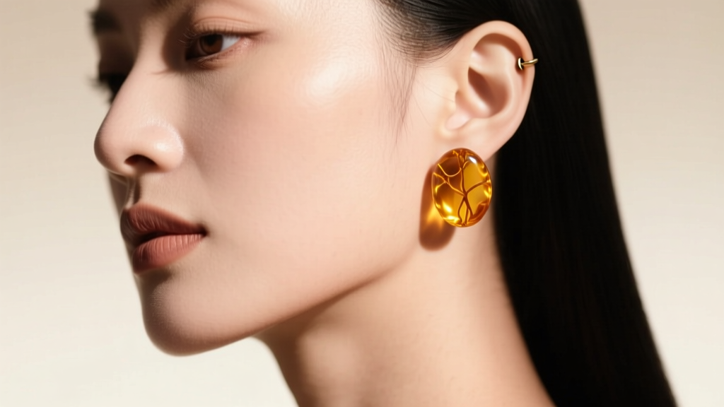 Woman wearing a butterscotch amber stud on a healed upper lobe piercing, highlighting the warm golden resin glow against soft skin