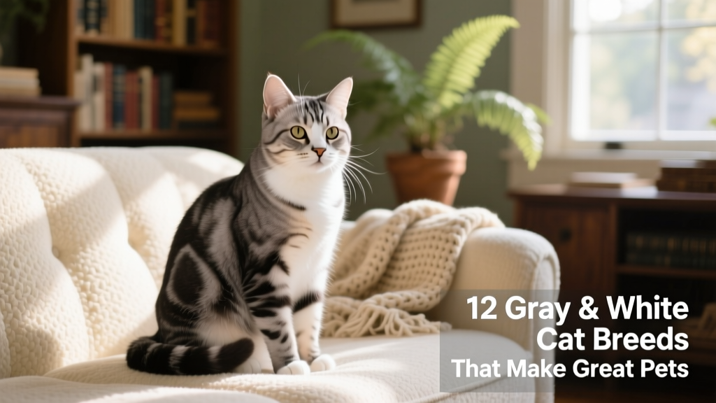 An American Shorthair with gray tabby and white markings sitting attentively on a cozy sofa