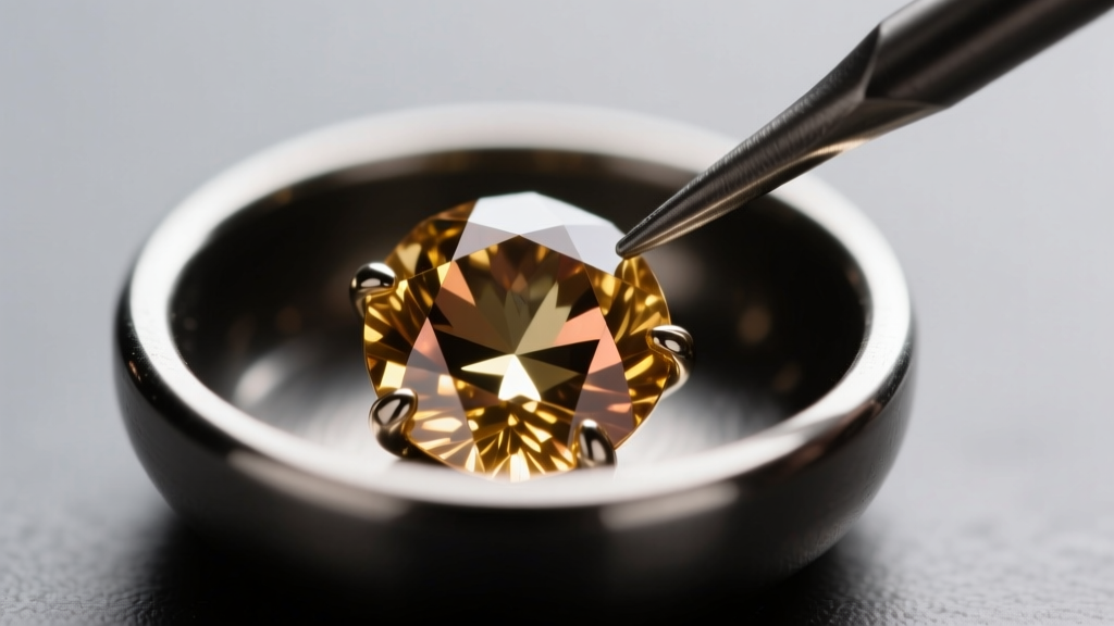 Macro shot of a loose rose-cut pyrite stone placed into a dark silver bezel cup using a fine-tipped metal jeweler's probe tool.