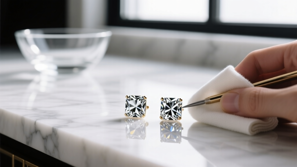Art Deco cubic zirconia studs being polished with a microfiber cloth on a white marble surface near a glass bowl