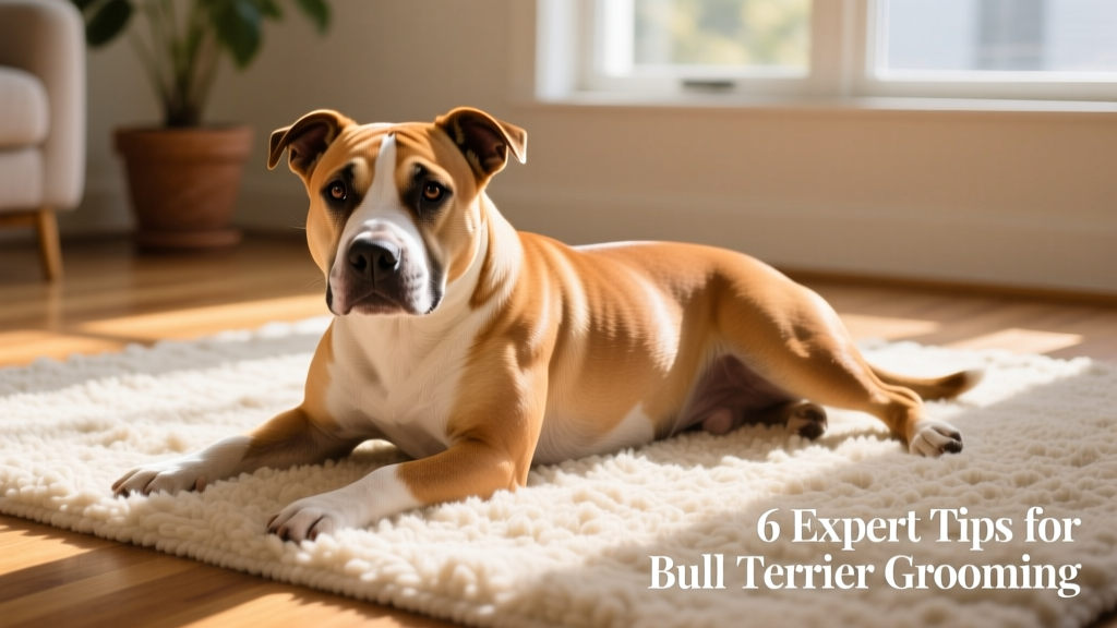 Healthy Bull Terrier lying on a rug, showing glossy coat and alert expression