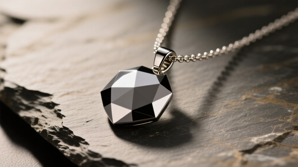Grade 23 titanium pendant necklace on raw slate, highlighting its dark grey metallic finish and modern geometric faceted cut.