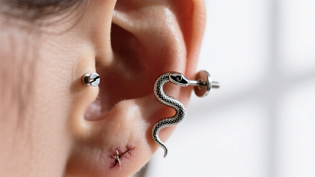 Close-up of a titanium snake stud earring post with a secure screw-in backing, showing weight distribution on a healed earlobe