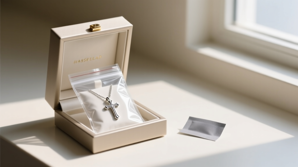 Open jewelry box showing a pardon crucifix necklace stored in an airtight polyethylene bag next to a small anti-tarnish strip.