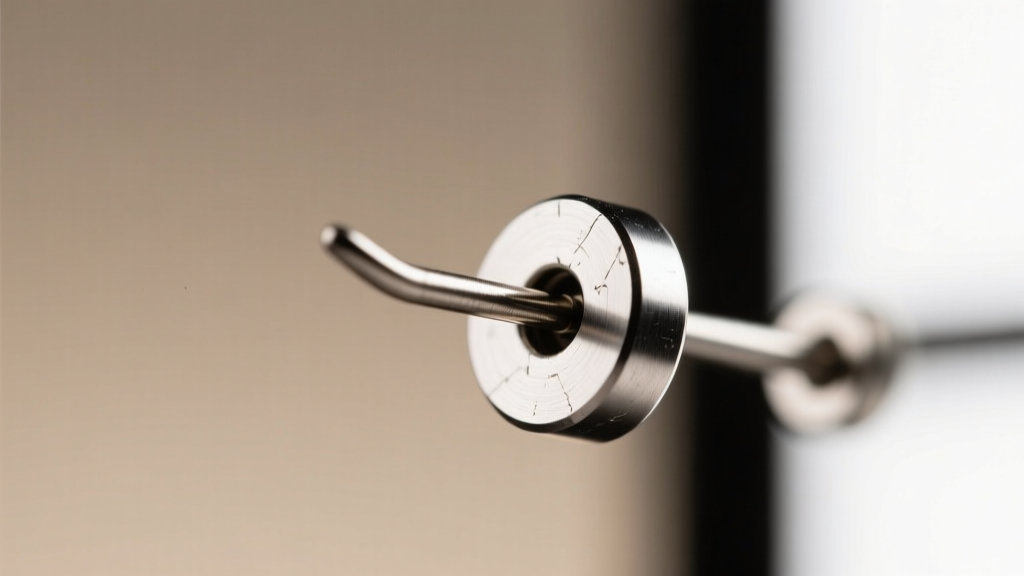 Extreme close-up of a threadless push-pin earring mechanism showing the bent pin inserting into a 16-gauge titanium labret post.