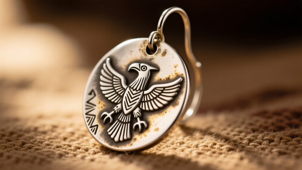 Close-up of a vintage Native American hallmark stamped deeply into the back plate of a heavy coin silver thunderbird drop earring.