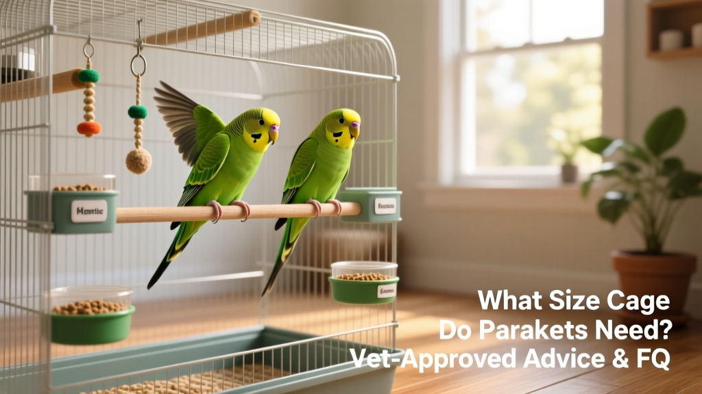 A spacious, horizontal cage with multiple perches, toys, and food stations, housing two healthy parakeets