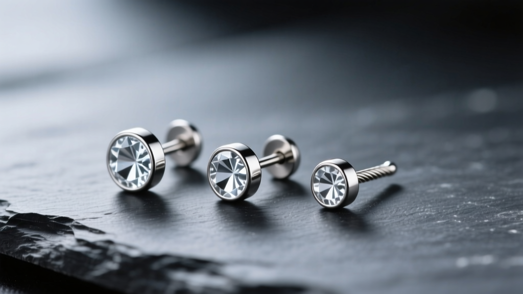 Macro photo of 20, 18, and 16 gauge titanium earring posts on dark slate, highlighting precise wire diameter differences.