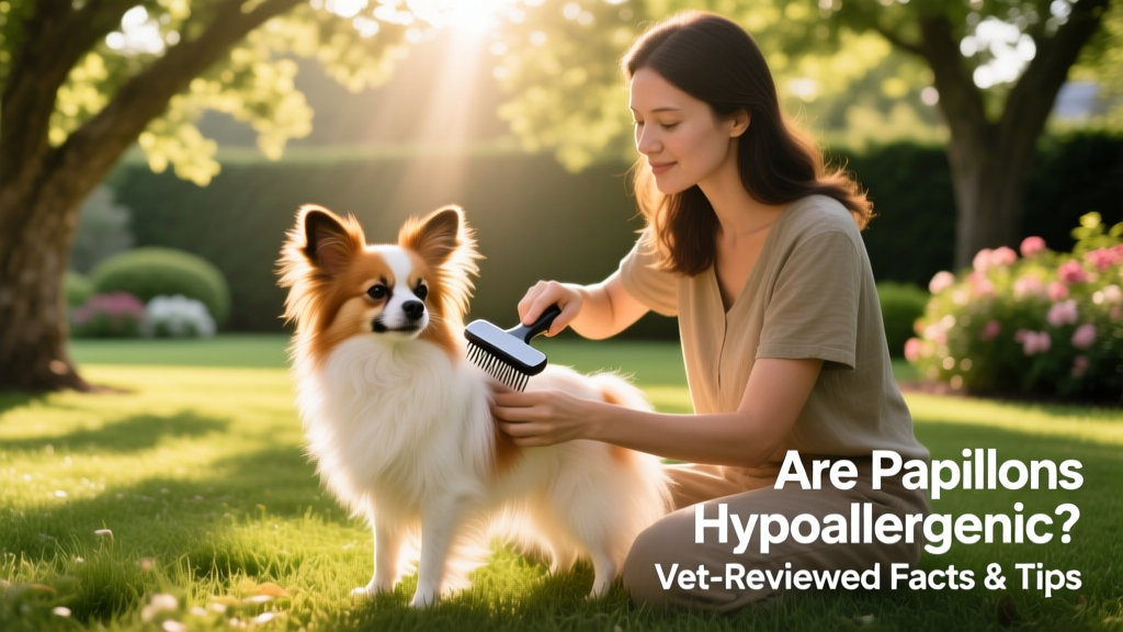 A person gently brushing a Papillon’s silky coat outdoors with a slicker brush, sunlight filtering through trees