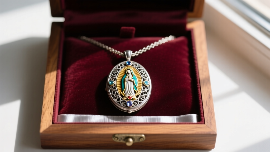 Ornate vintage Virgin Mary locket necklace stored inside a lined wooden box with an anti-tarnish Pacific Silvercloth strip.