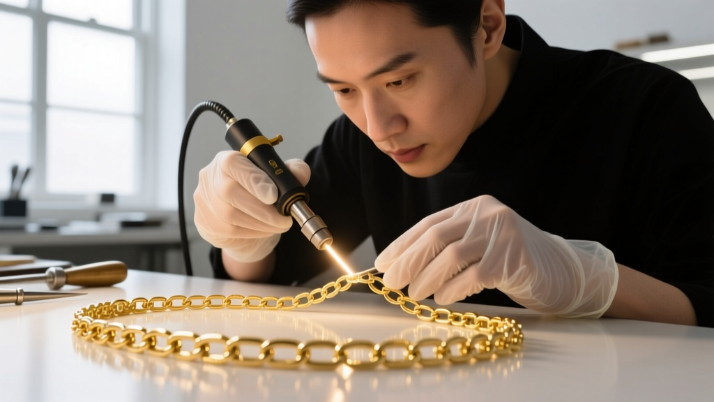 Jeweler using a laser welder to reinforce the delicate thin links on a mixed-gauge gold chain to prevent tensile snapping
