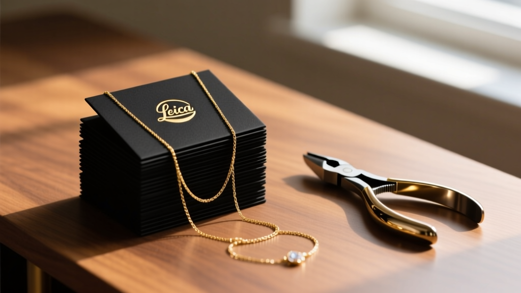 Stack of matte black necklace display cards with gold foil logos on a wooden desk beside delicate gold chains and jewelry pliers.